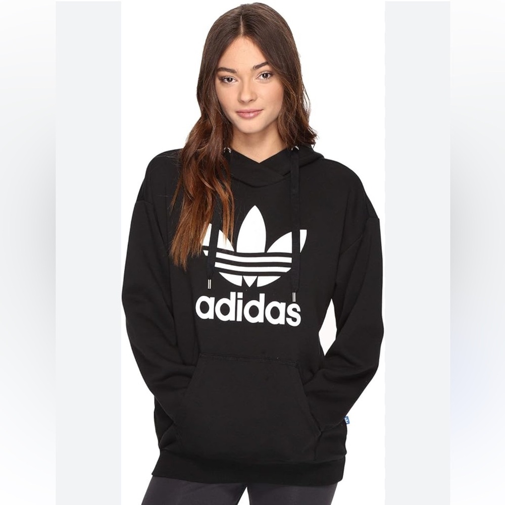 Adidas Hoodie Women’s Small Black Big Trefoil‎ Logo Spell Out Pockets Pullover